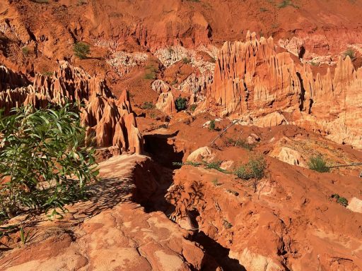 Paysage de formations rocheuses rouges avec une végétation éparse au premier plan.